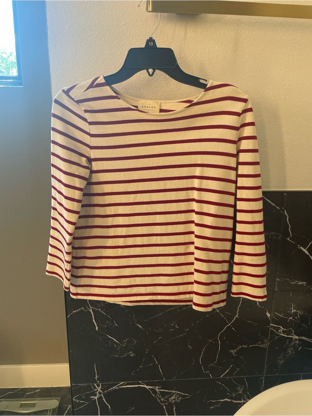 Sezane Cream and Burgundy Striped Long Sleeve Tee